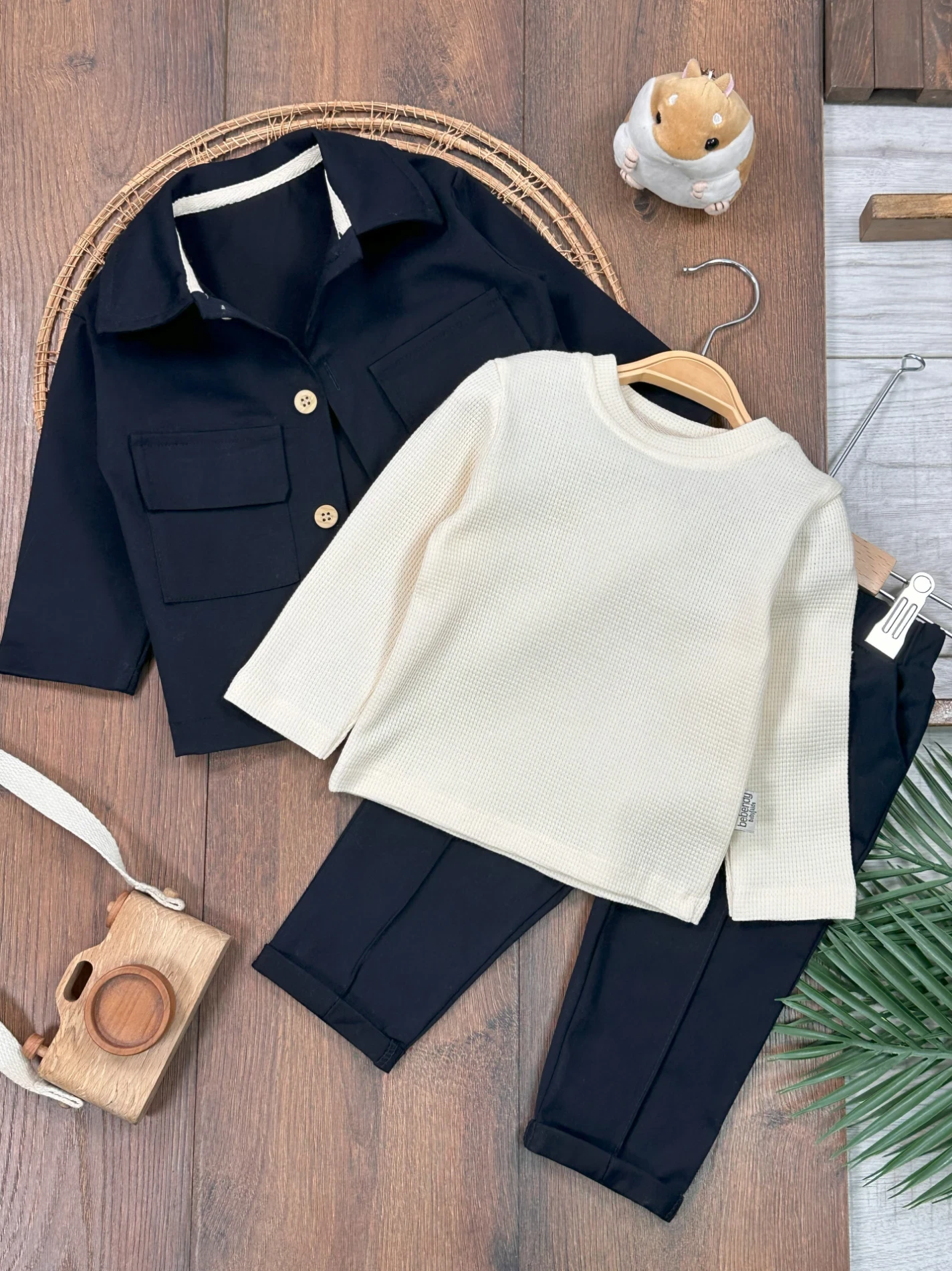 Keten Likralı Safari Model Omuzdan Çıtçıtlı Sweatshirt 3’lü Takım