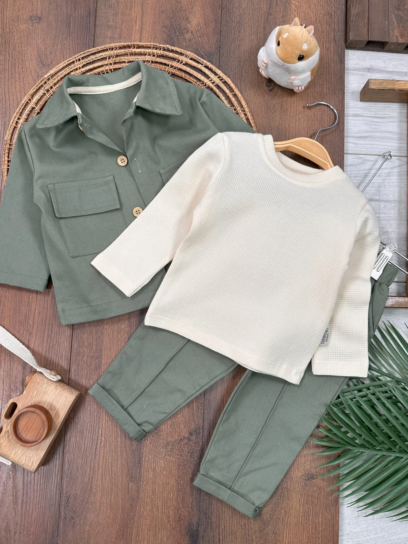 Keten Likralı Safari Model Omuzdan Çıtçıtlı Sweatshirt 3’lü Takım