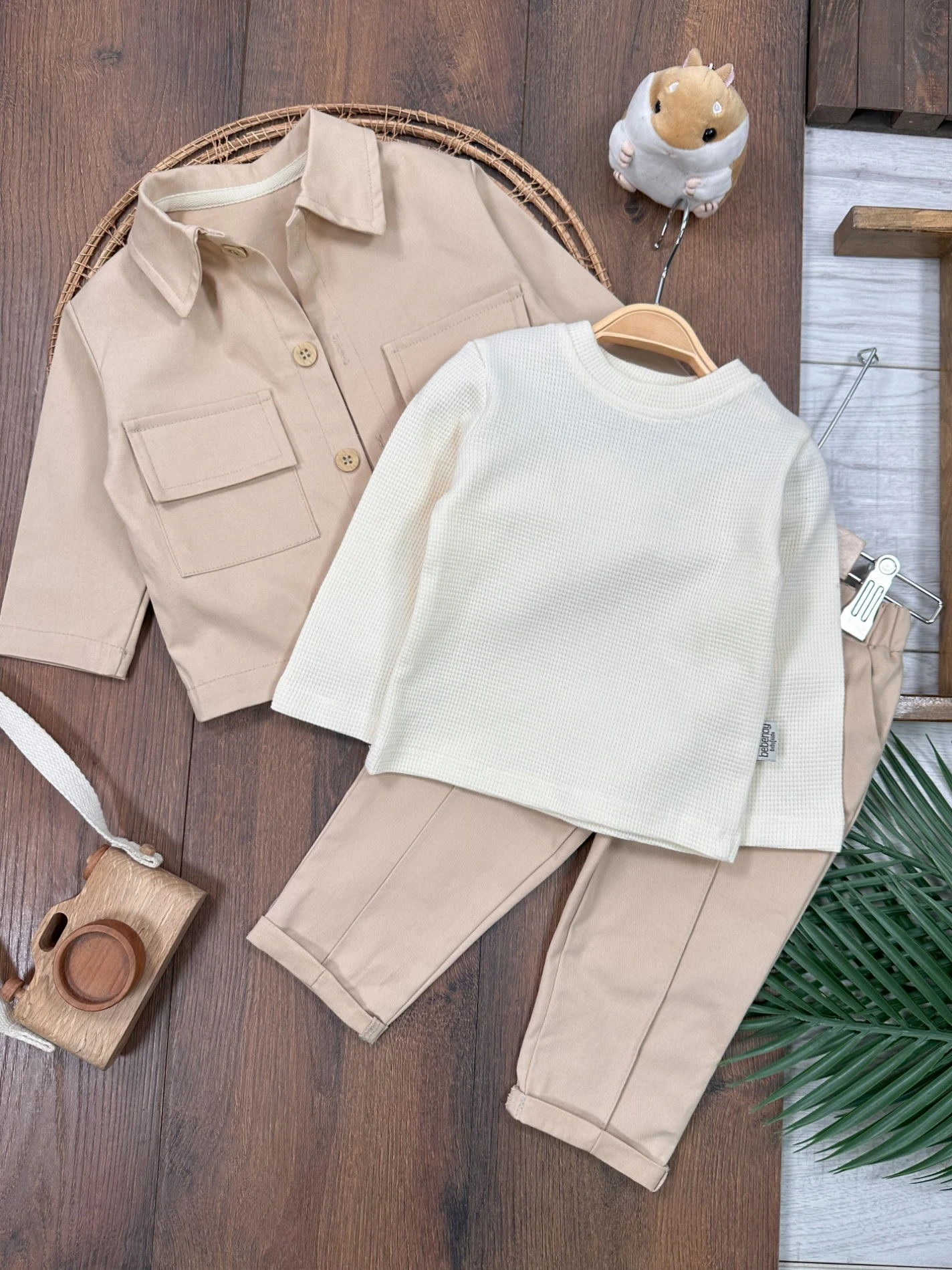 Keten Likralı Safari Model Omuzdan Çıtçıtlı Sweatshirt 3’lü Takım