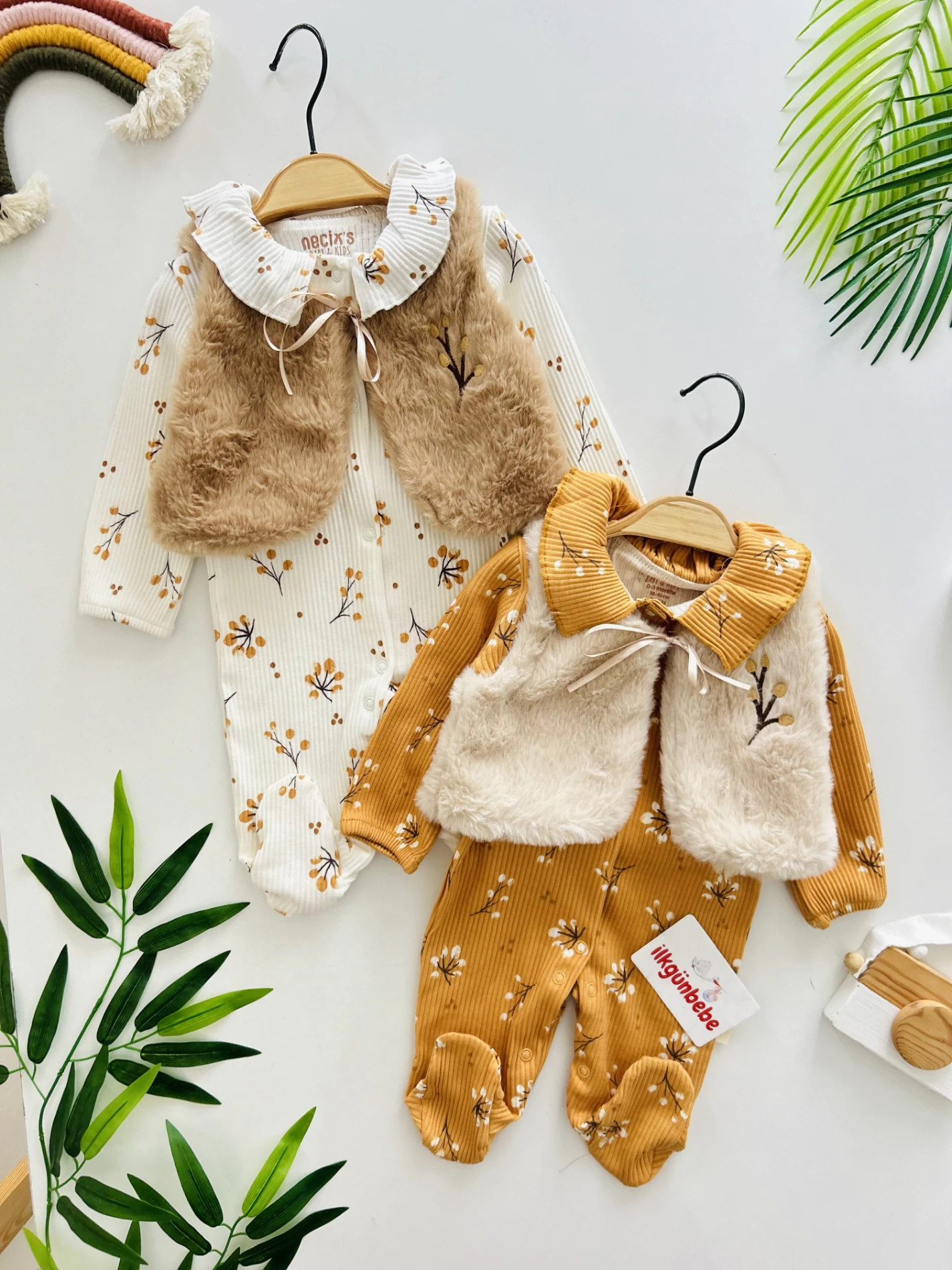 Peluş Kürk Yelekli Fitilli Esnek Kumaş Tulum Set