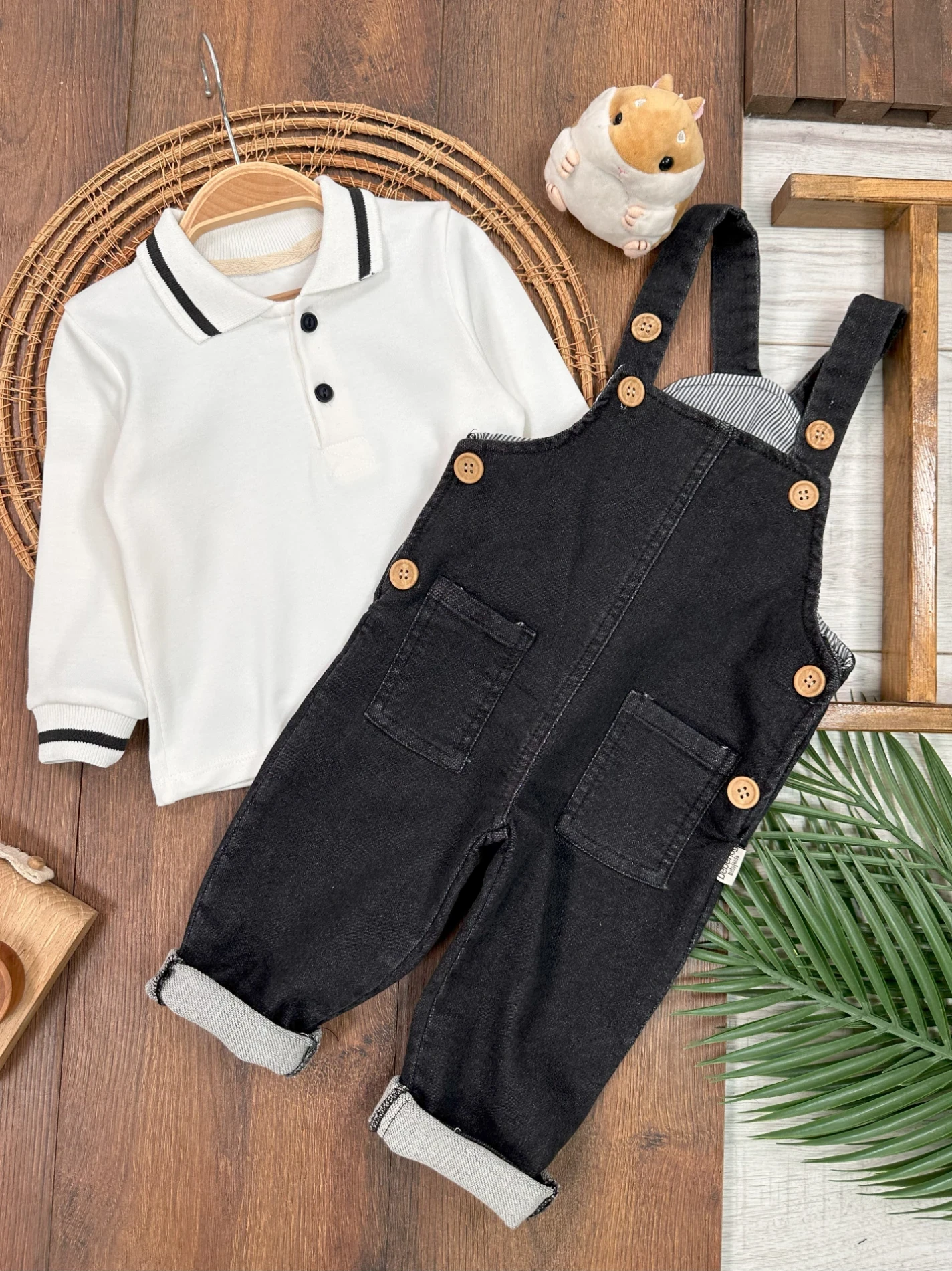 Polo Yaka Sweatshirt Kot Likralı Salopetli 2’li Takım