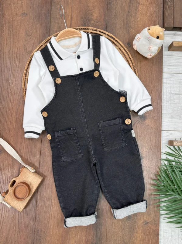 Polo Yaka Sweatshirt Kot Likralı Salopetli 2’li Takım