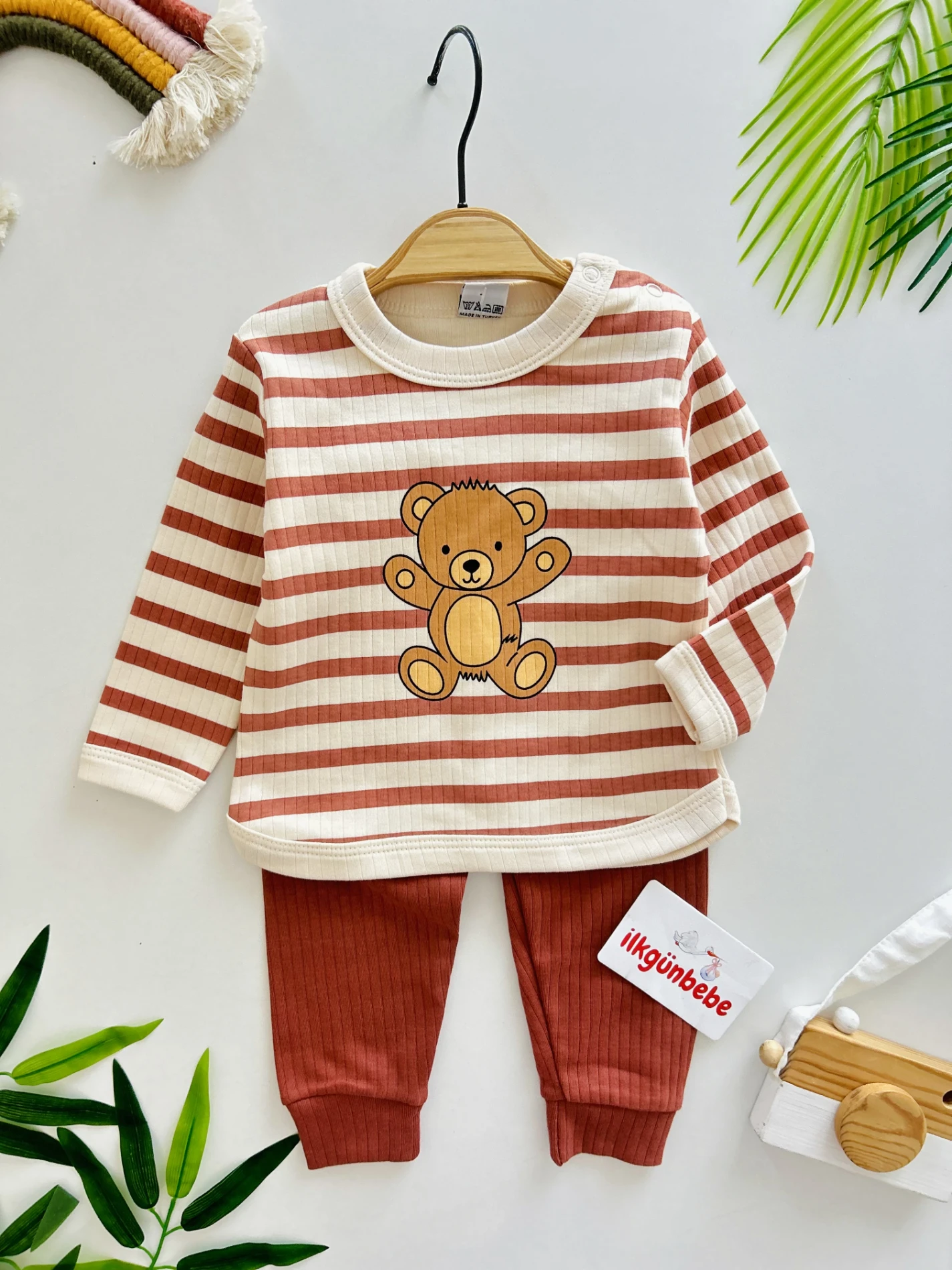 Bear Teddy Çizgili Yumuşacık Kumaş 2’li Takım