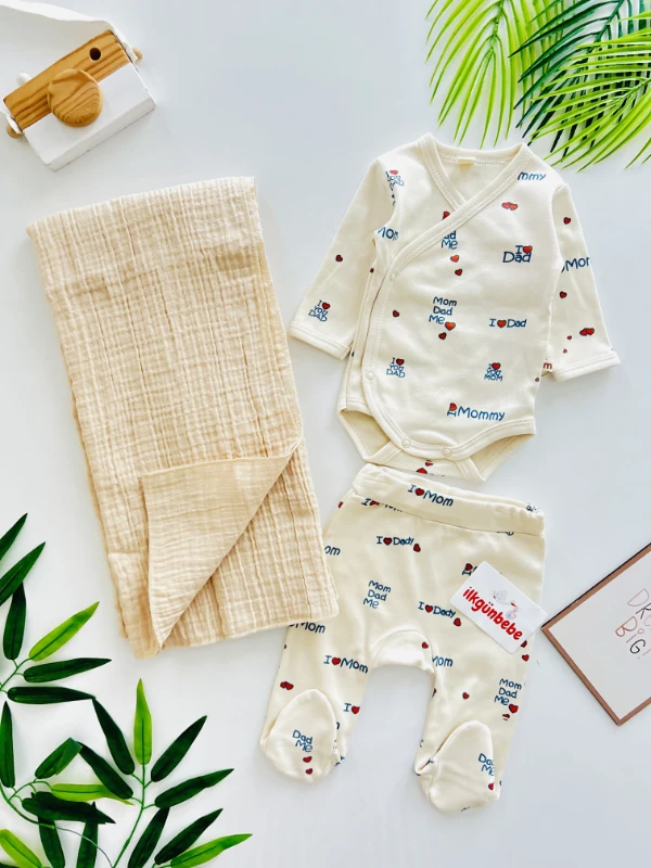 I Love Mom Baskılı %100 Pamuk Premium Kalite Özel Koleksiyon Battaniyeli 3’lü Set Battaniye 80*90 cm