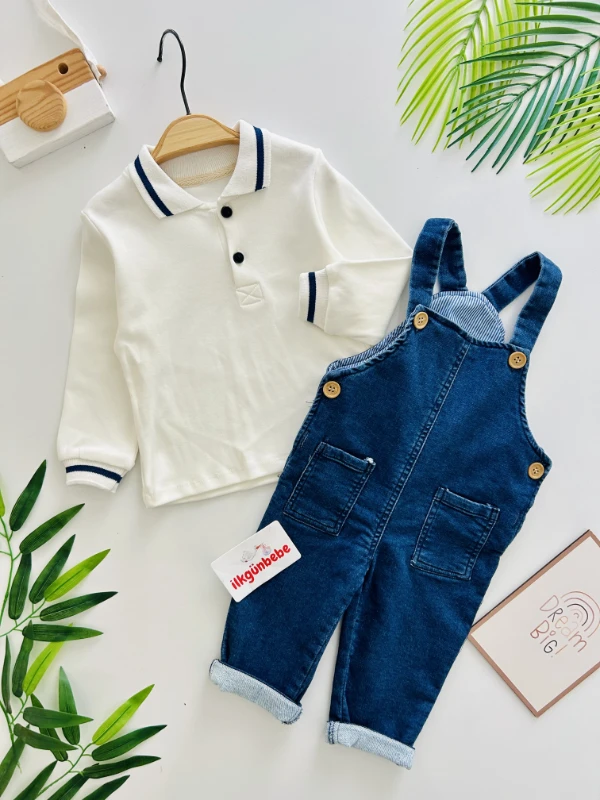 Polo Yaka Sweatshirt Kot Likralı Salopetli 2’li Takım