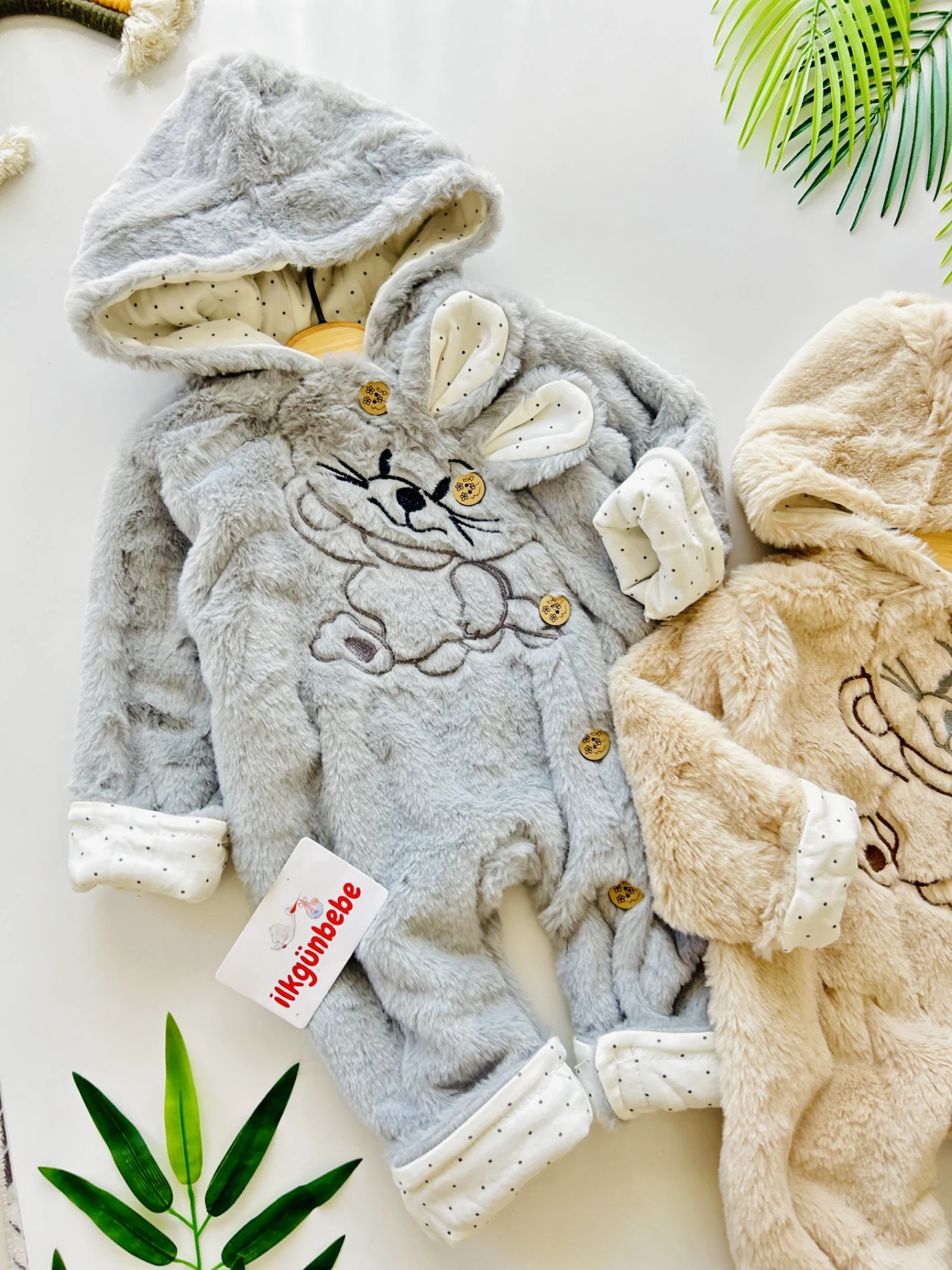 Tavşan Fiğürlü Kışlık Peluş Kız/Erkek Bebek Tulum