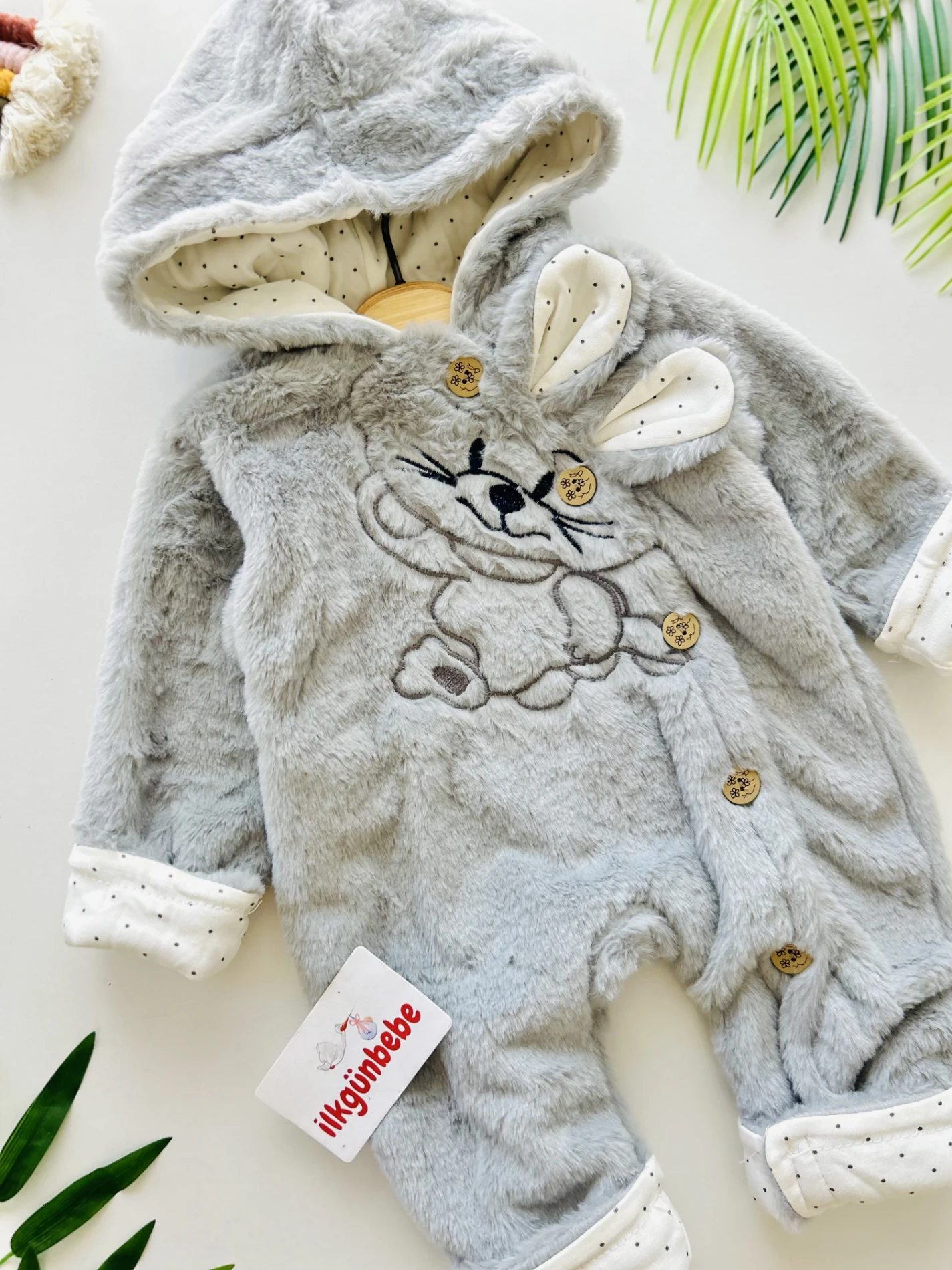 Tavşan Fiğürlü Kışlık Peluş Kız/Erkek Bebek Tulum