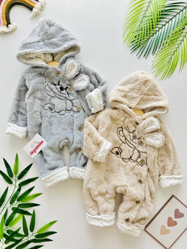Tavşan Fiğürlü Kışlık Peluş Kız/Erkek Bebek Tulum