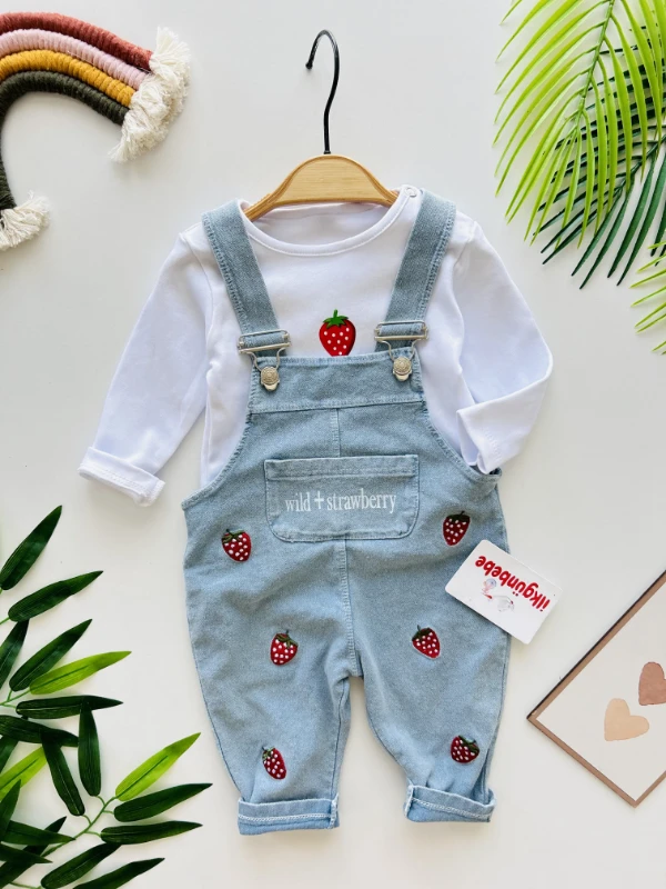 Çilek Temalı Likralı Kot Salopetli 2’li Set