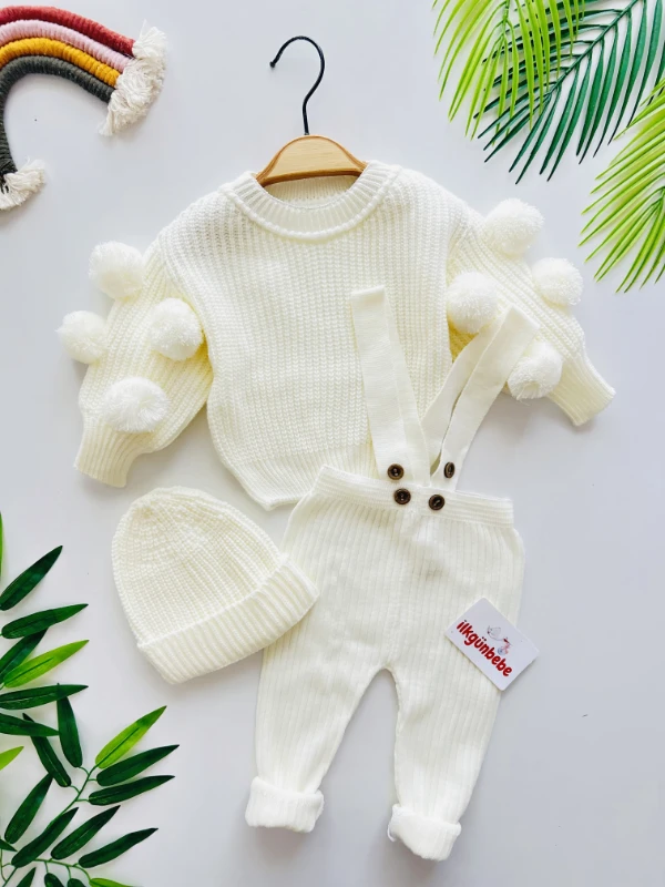 Ponponlu Selanik Örgülü Kazaklı Çarpraz Askılı Salopetli Bereli 3’lü Takım