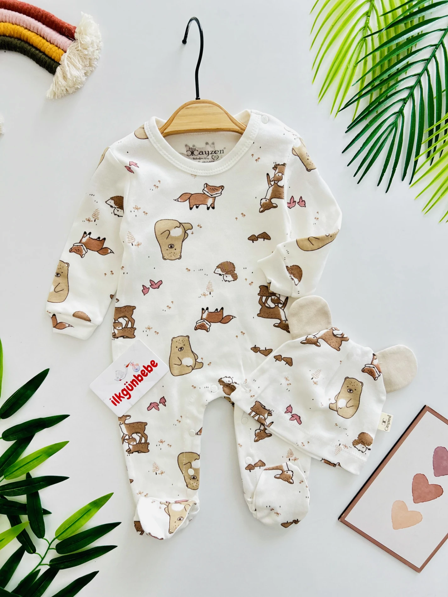 Sevimli Hayvanlar %100 Pamuk Şapkalı Tulum Set