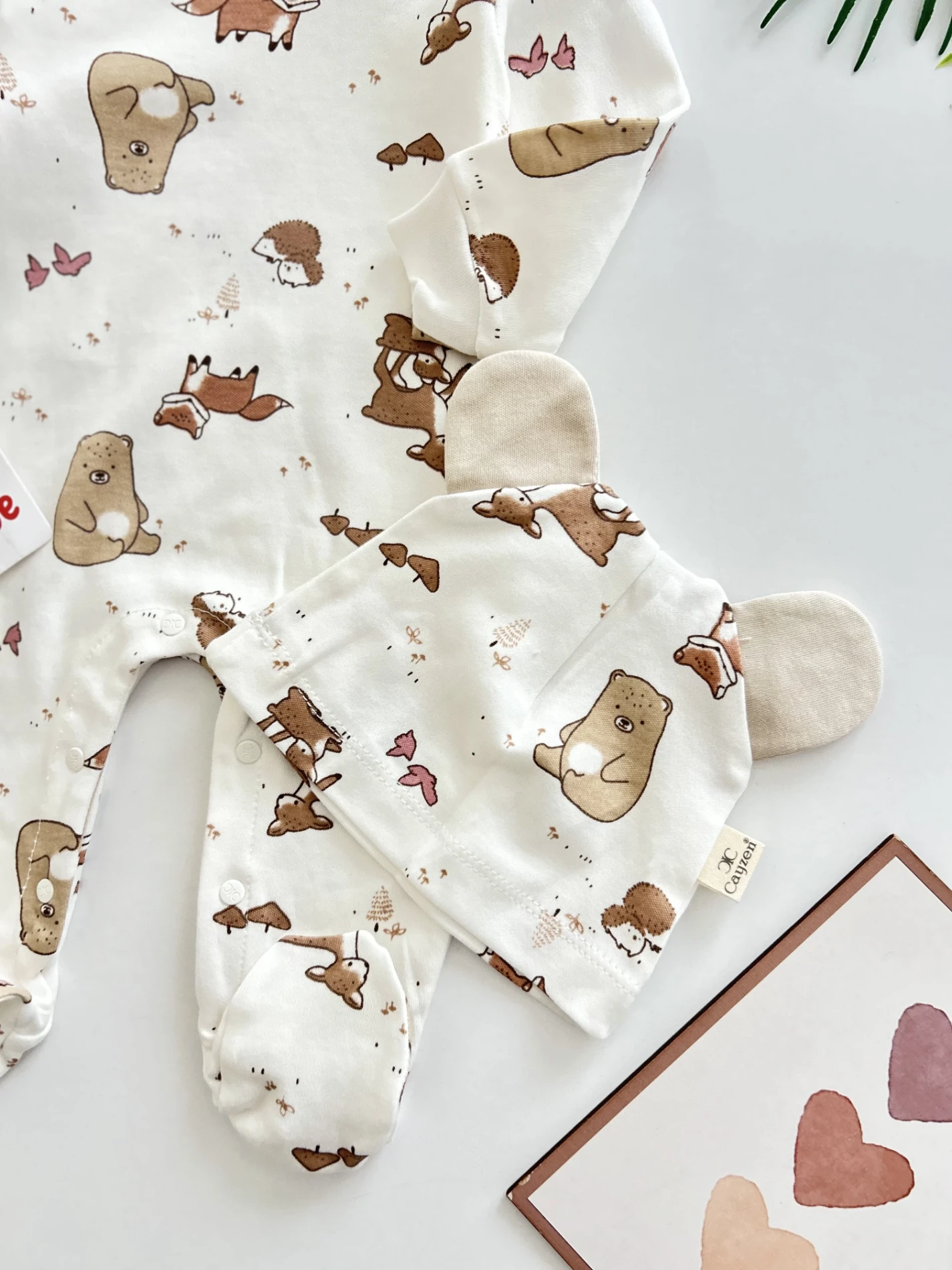 Sevimli Hayvanlar %100 Pamuk Şapkalı Tulum Set