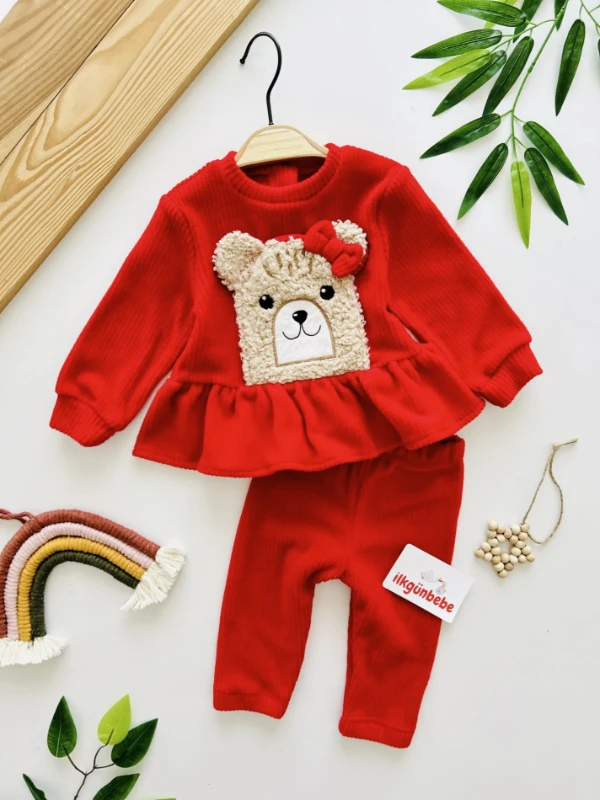 Fiyonk Ayıcık Desenli Premium Kalite Kadife Kumaş 2’li Takım