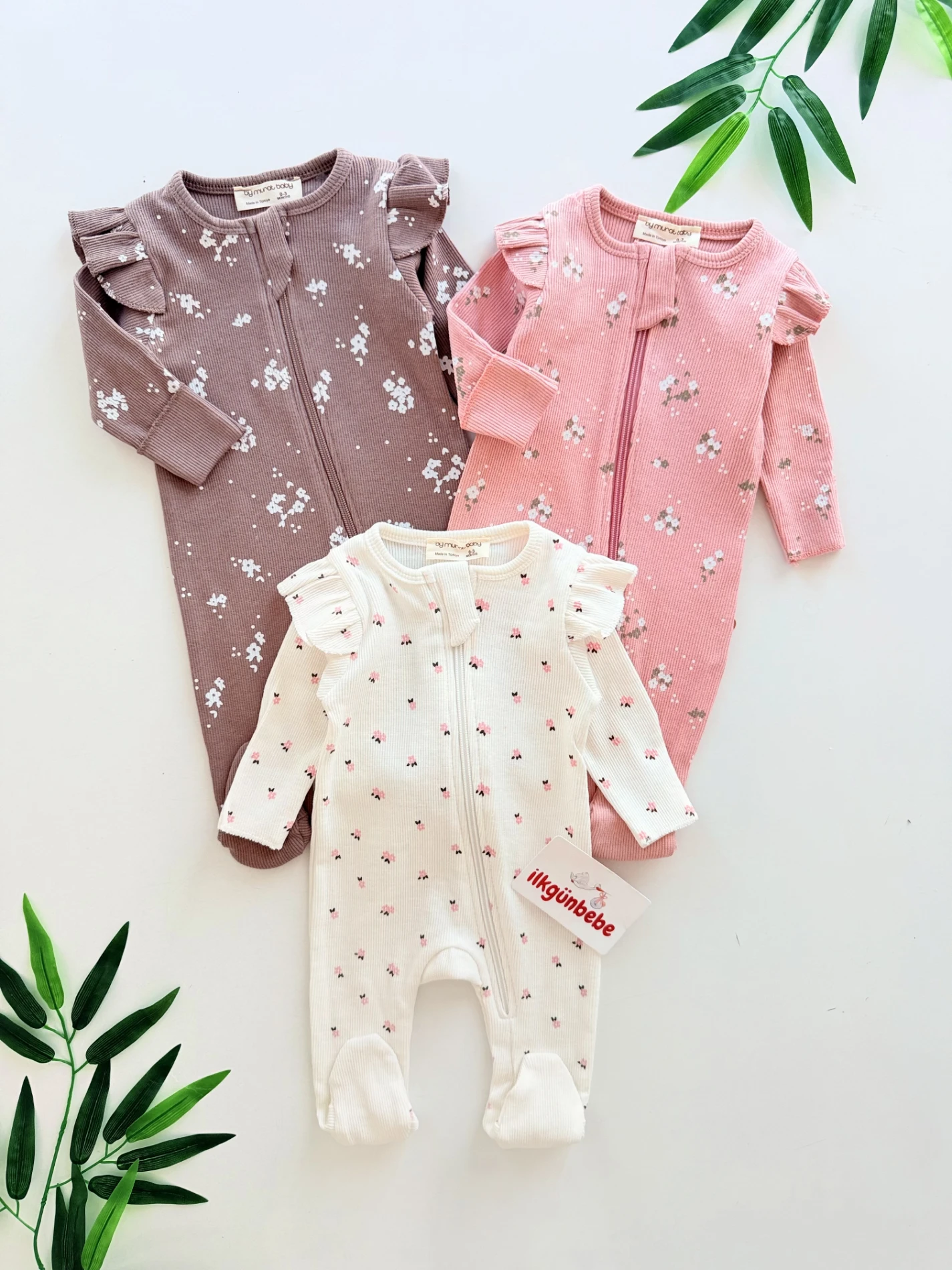 Çiçek Desenli %100 Pamuk Fermuarlı 3’lü Tulum Set