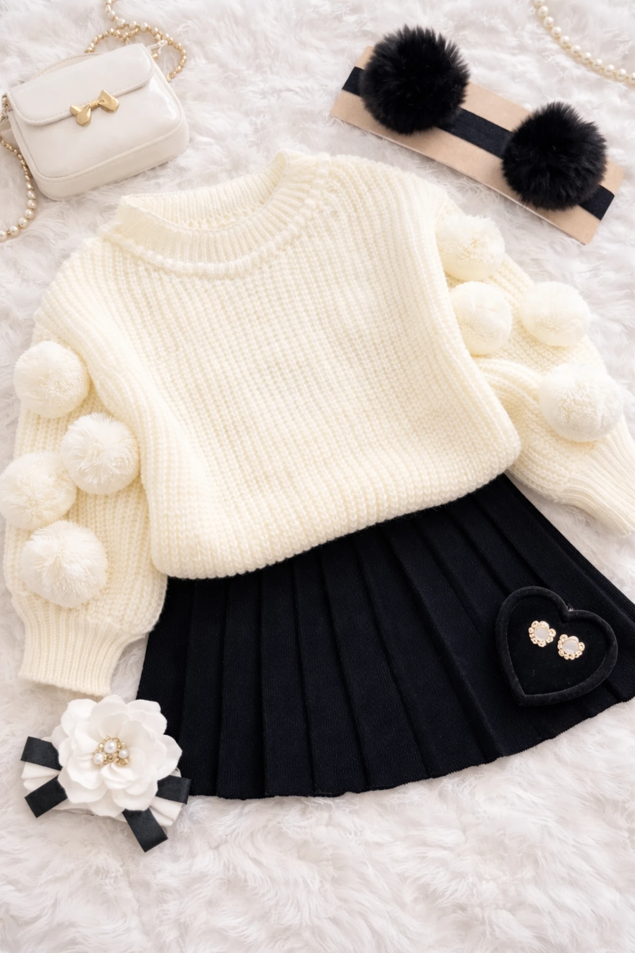 Selanik Örgüsü Kumaşlı Ponpon  Detaylı Triko Etekli 3’lü Takım