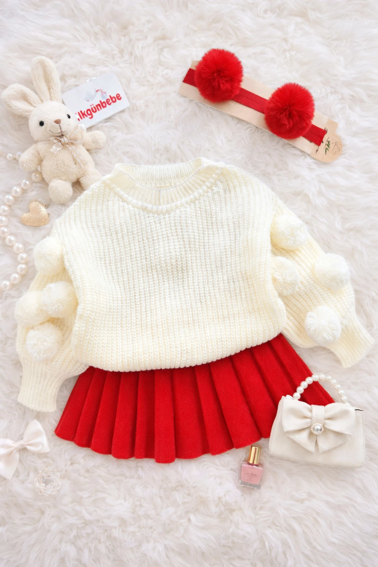 Selanik Örgüsü Kumaşlı Ponpon  Detaylı Triko Etekli 3’lü Takım