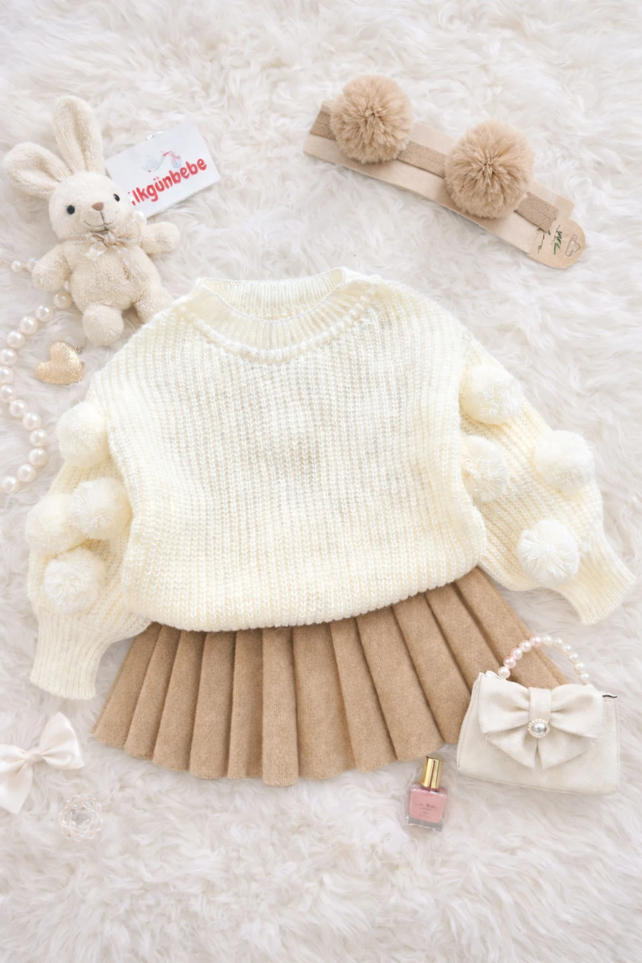 Selanik Örgüsü Kumaşlı Ponpon  Detaylı Triko Etekli 3’lü Takım