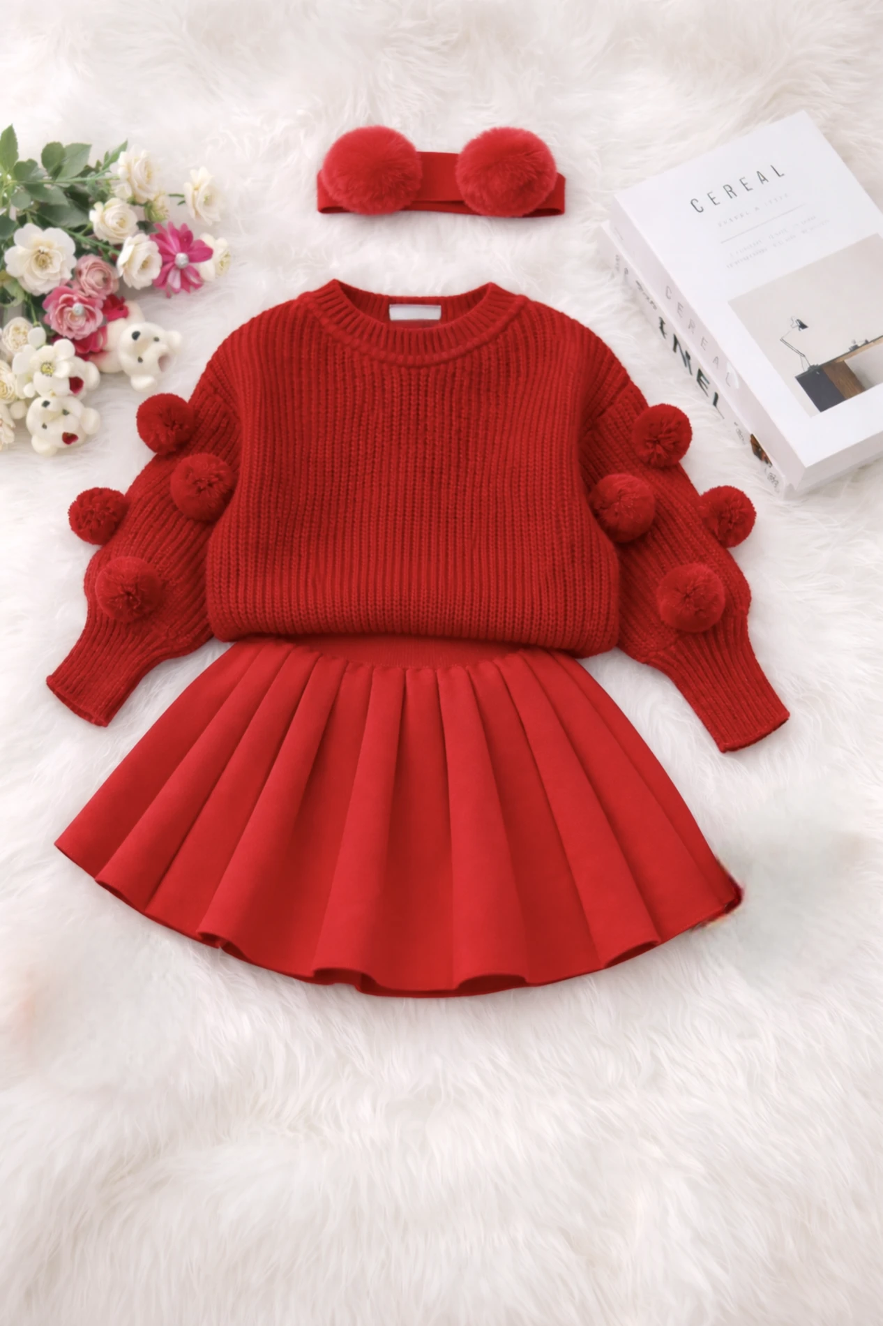 Selanik Örgüsü Kumaşlı Ponpon  Detaylı Triko Etekli 3’lü Takım