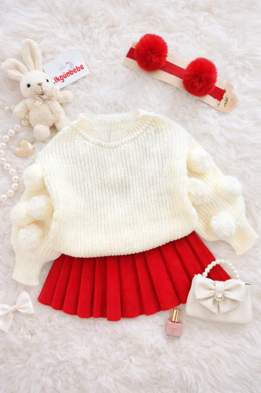 Selanik Örgüsü Kumaşlı Ponpon  Detaylı Triko Etekli 3’lü Takım