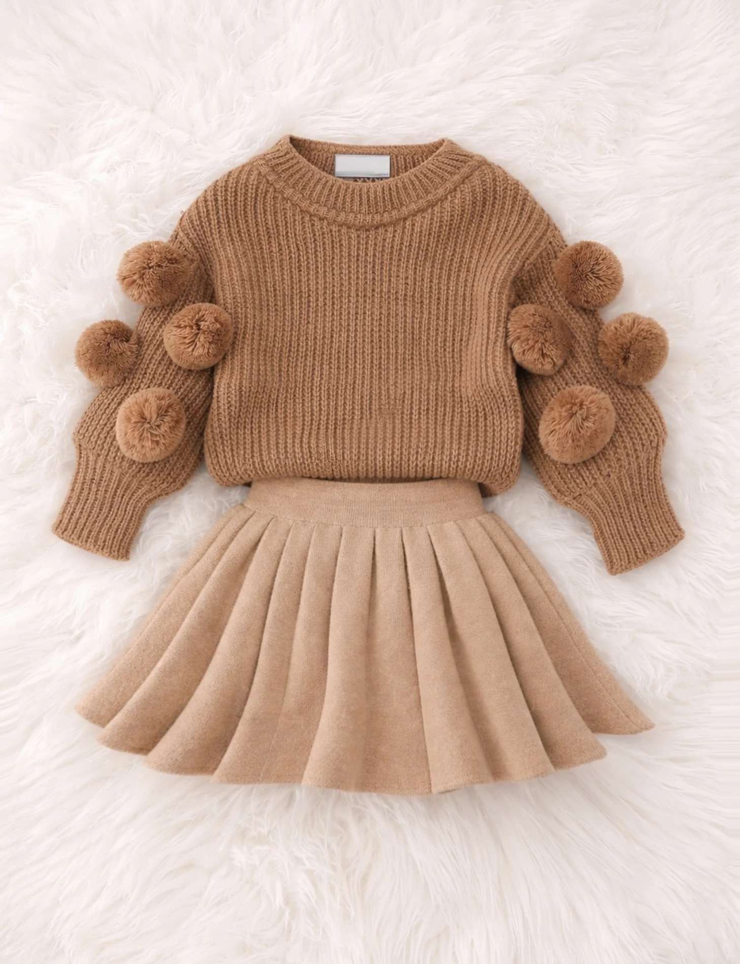 Selanik Örgüsü Kumaşlı Ponpon  Detaylı Triko Etekli 3’lü Takım