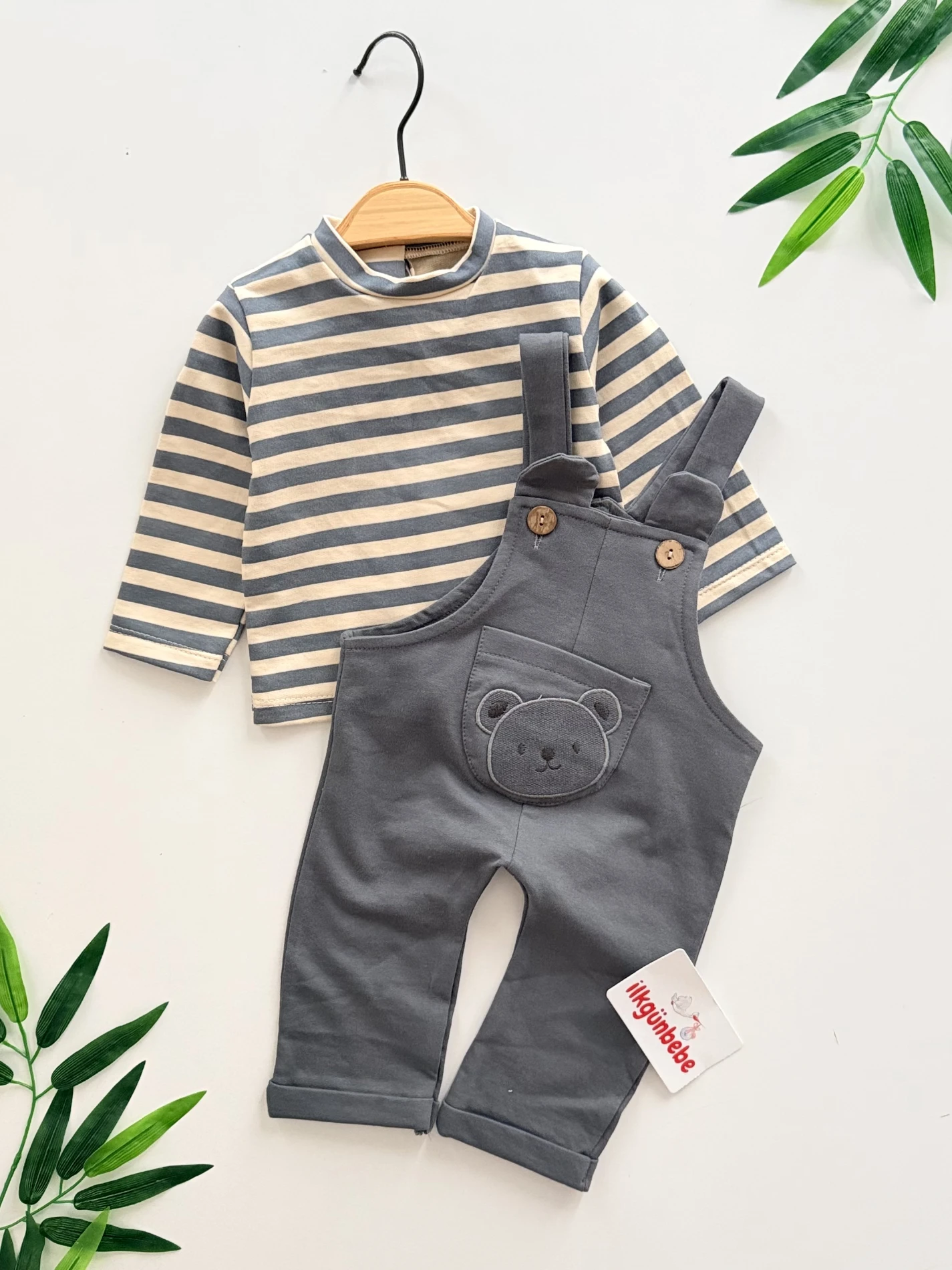 Ayıcık Kulaklı Çizgili %100 Pamuk 2’li Takım