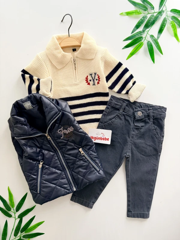 Premium Kalite Kapitone Şişme Yelek Fermuarlı Triko ve Jean Pantolon
