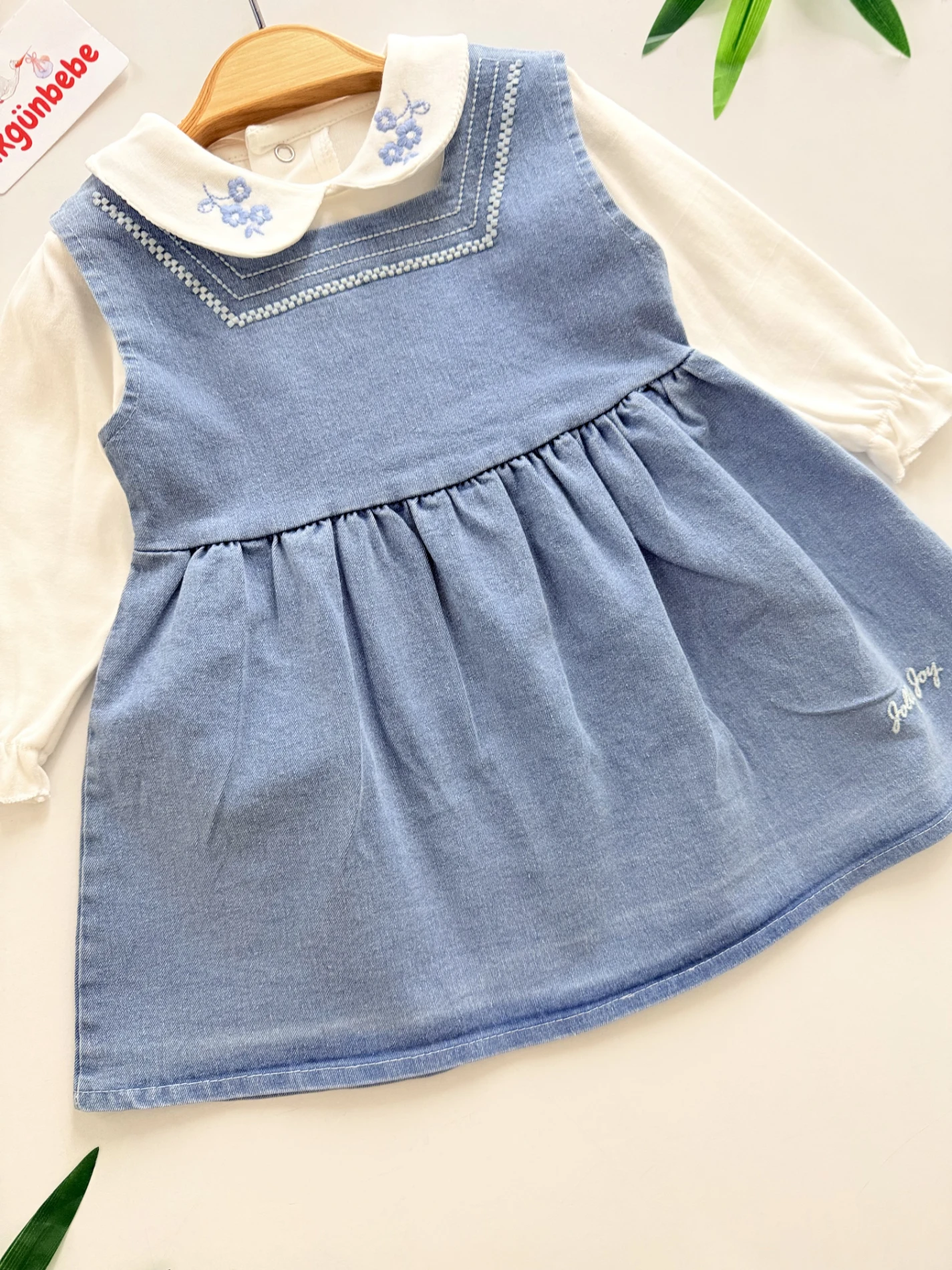 Çiçek Nakış Detaylı Kot Elbise & Body