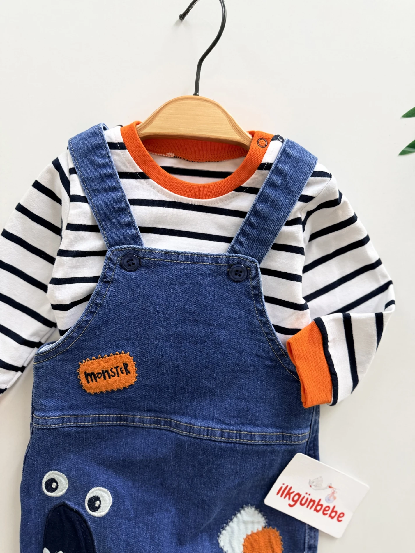 Monster Likralı Esnek Kot Kumaş Salopet & Çizgili Body