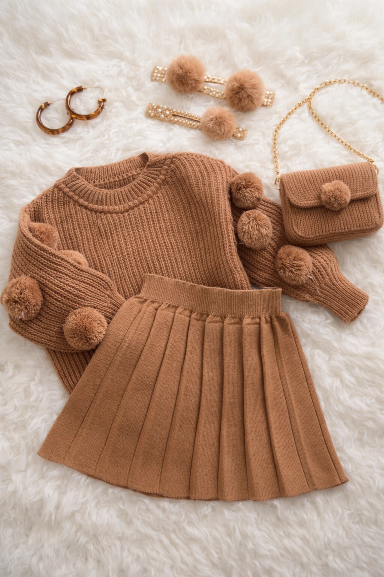 Selanik Örgüsü Kumaşlı Ponpon  Detaylı Bandanalı Triko Etekli 3’lü  Takım