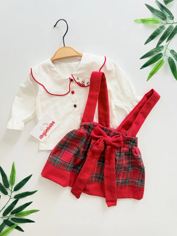 Özel Koleksiyon Bıjou Ekose Desen Tavşan Nakışlı Yaka Gömlekli Romper 