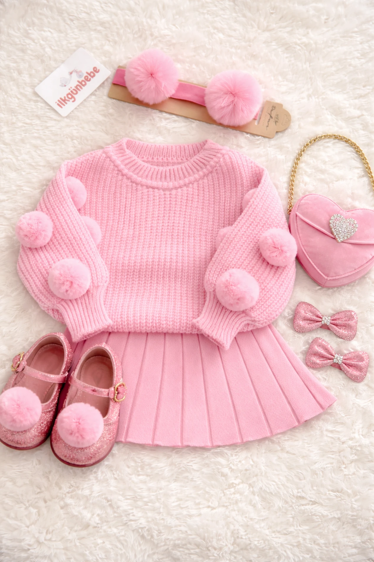 Selanik Örgüsü Kumaşlı Ponpon  Detaylı Triko Etekli 3’lü Takım