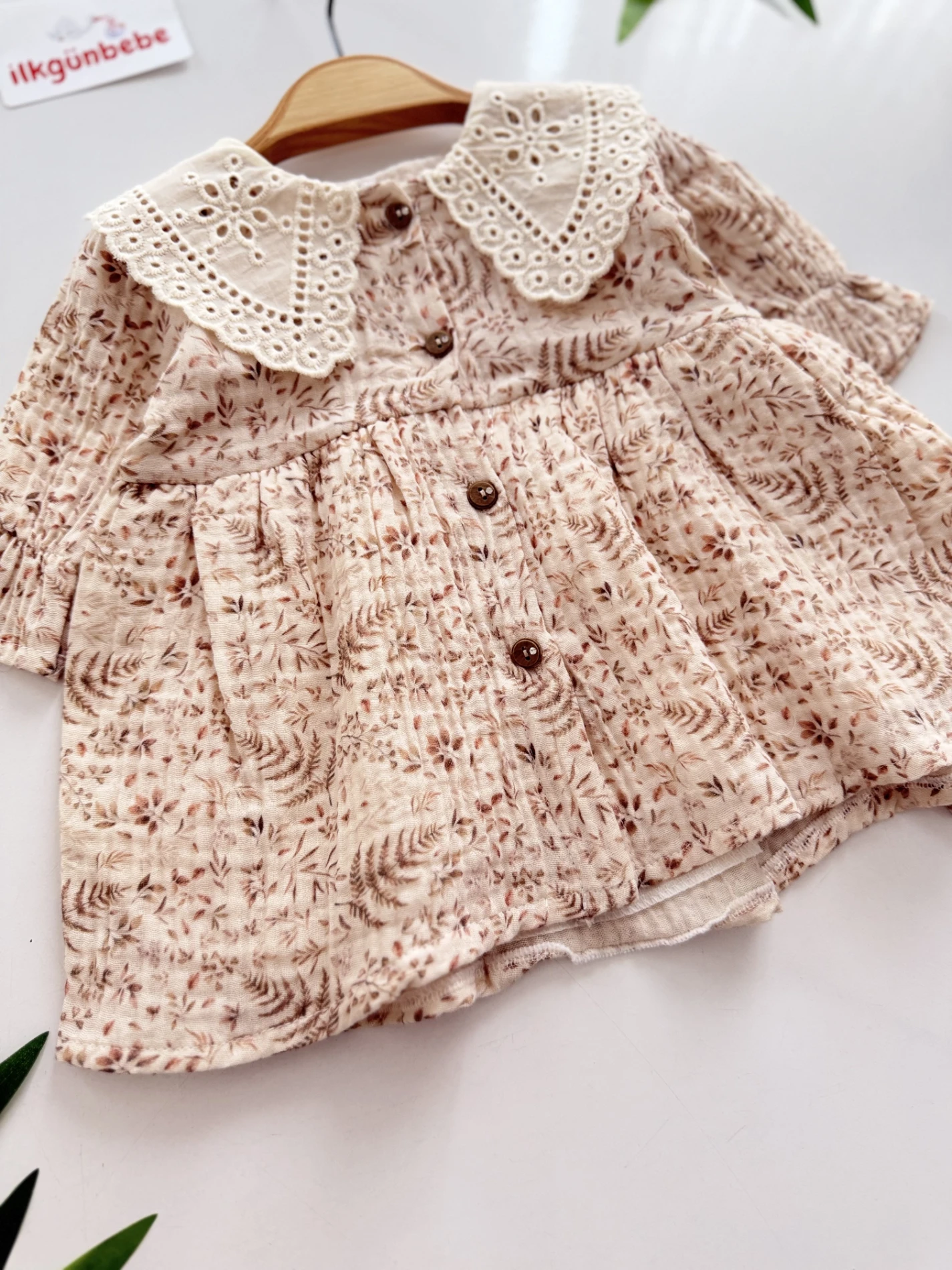 Çiçek Desenli Astarlı  Yakalı  Vintage Bebek Elbisesi