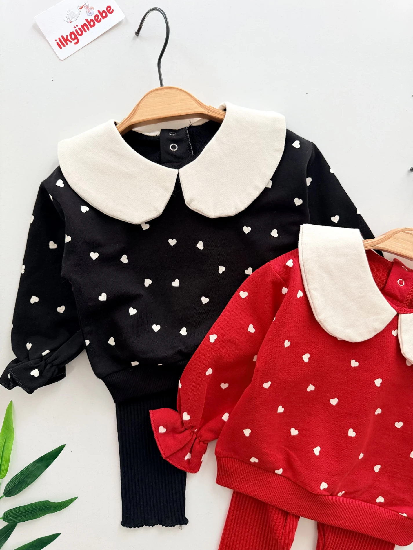 Kalp Desenli Yaka Detaylı %100 Pamuk 2’li Takım