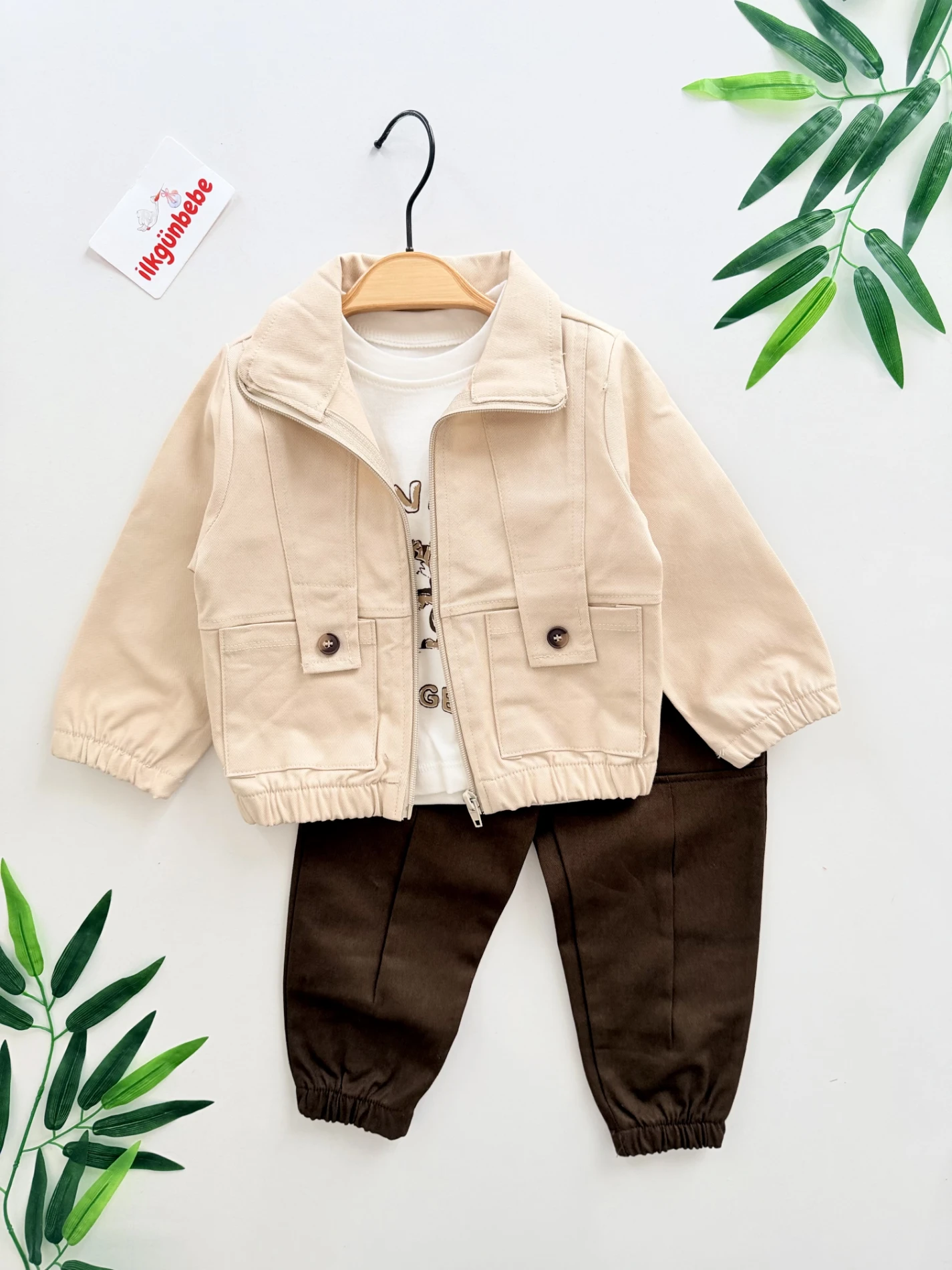 Bej Bomber Ceketli & Kahverengi Pantolonlu 3'lü Takım