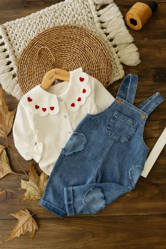 Kalp Nakışlı Gömlekli  Premium Kalite Kot Salopetli Takım