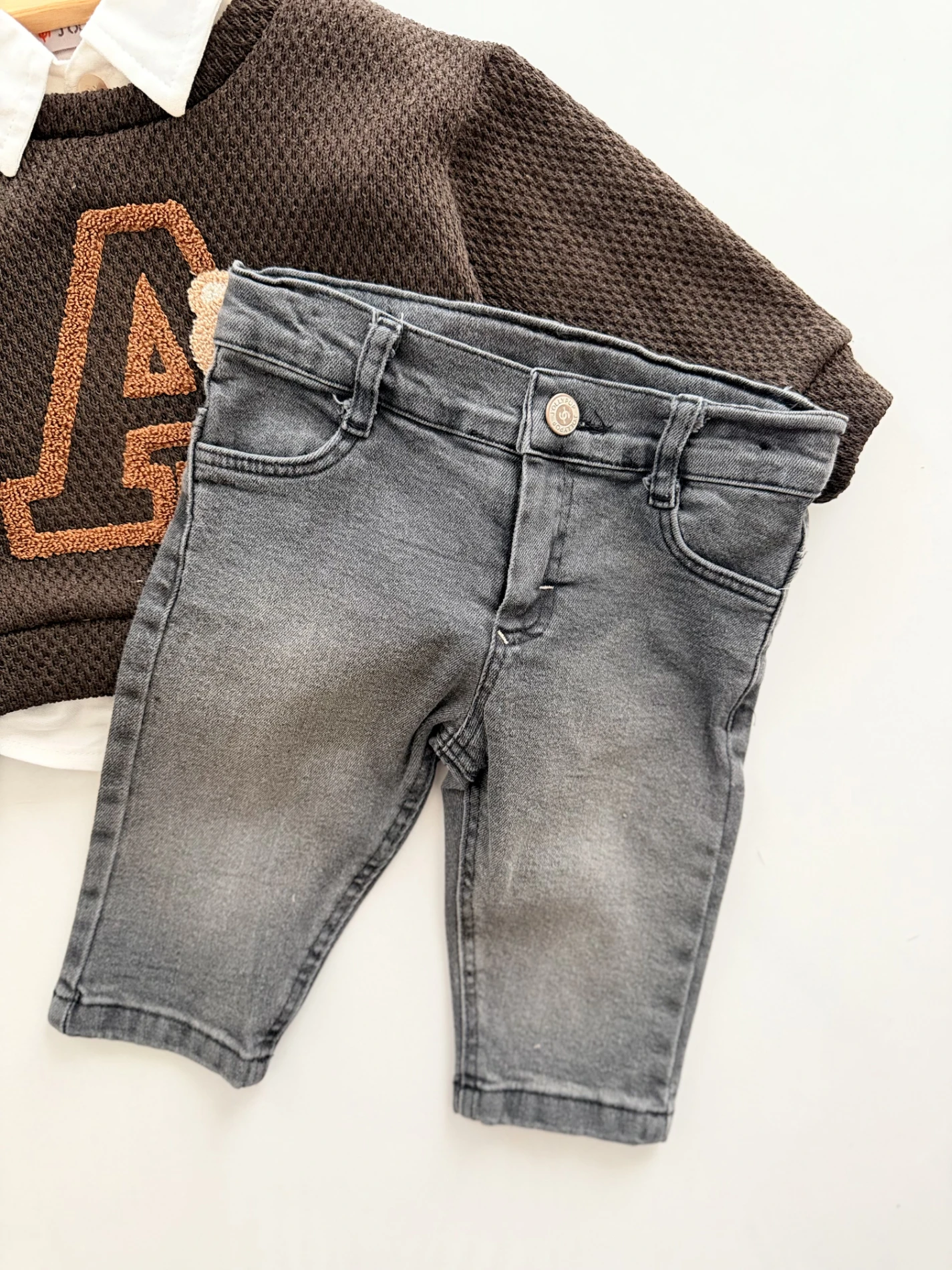 Gömlekli Ayıcık Nakışlı   - Jean Pantolonlu 3’lü Kombin