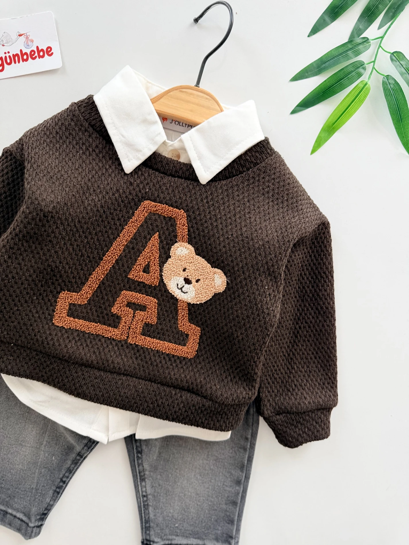 Gömlekli Ayıcık Nakışlı   - Jean Pantolonlu 3’lü Kombin