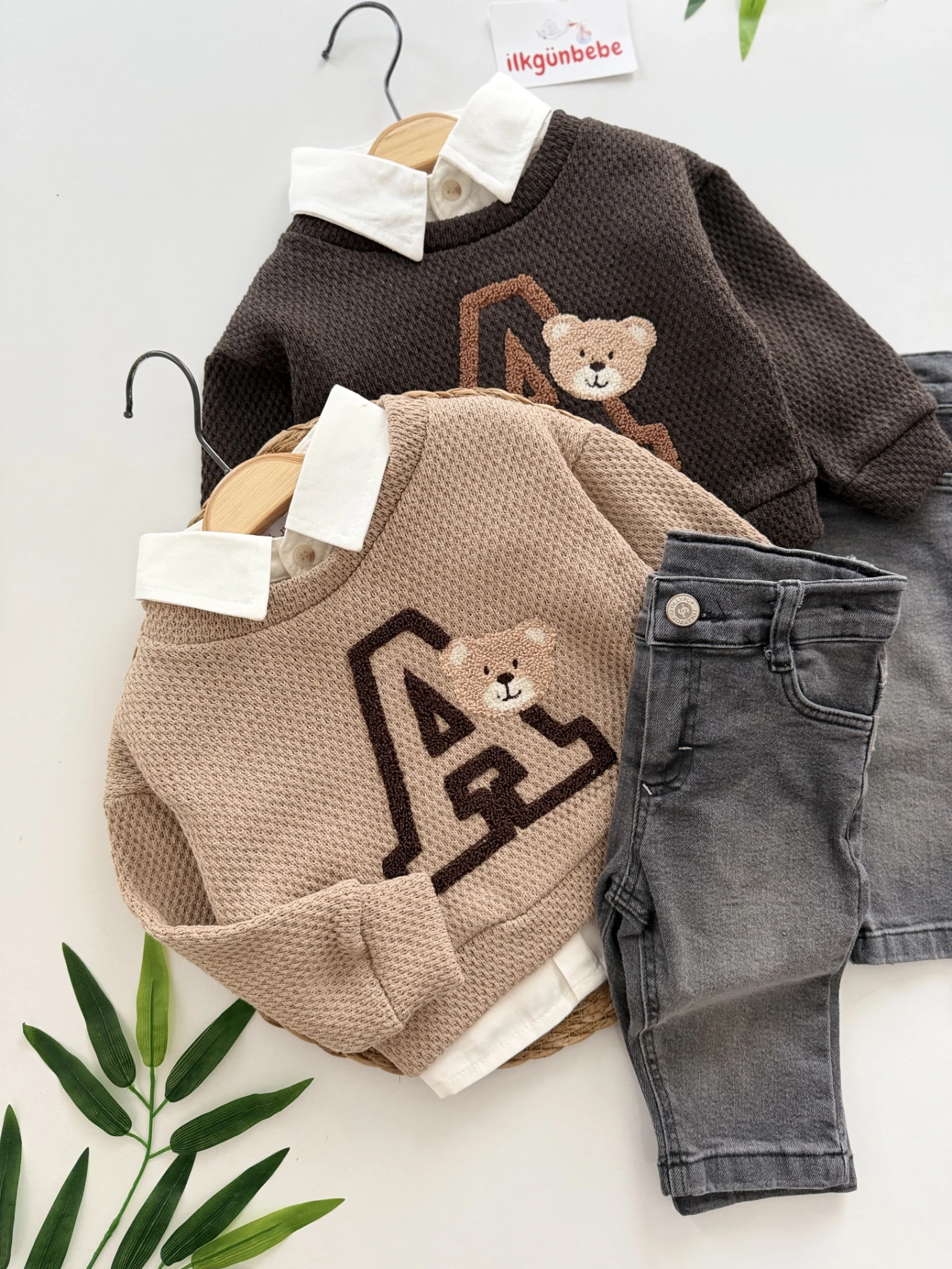 Gömlekli Ayıcık Nakışlı   - Jean Pantolonlu 3’lü Kombin