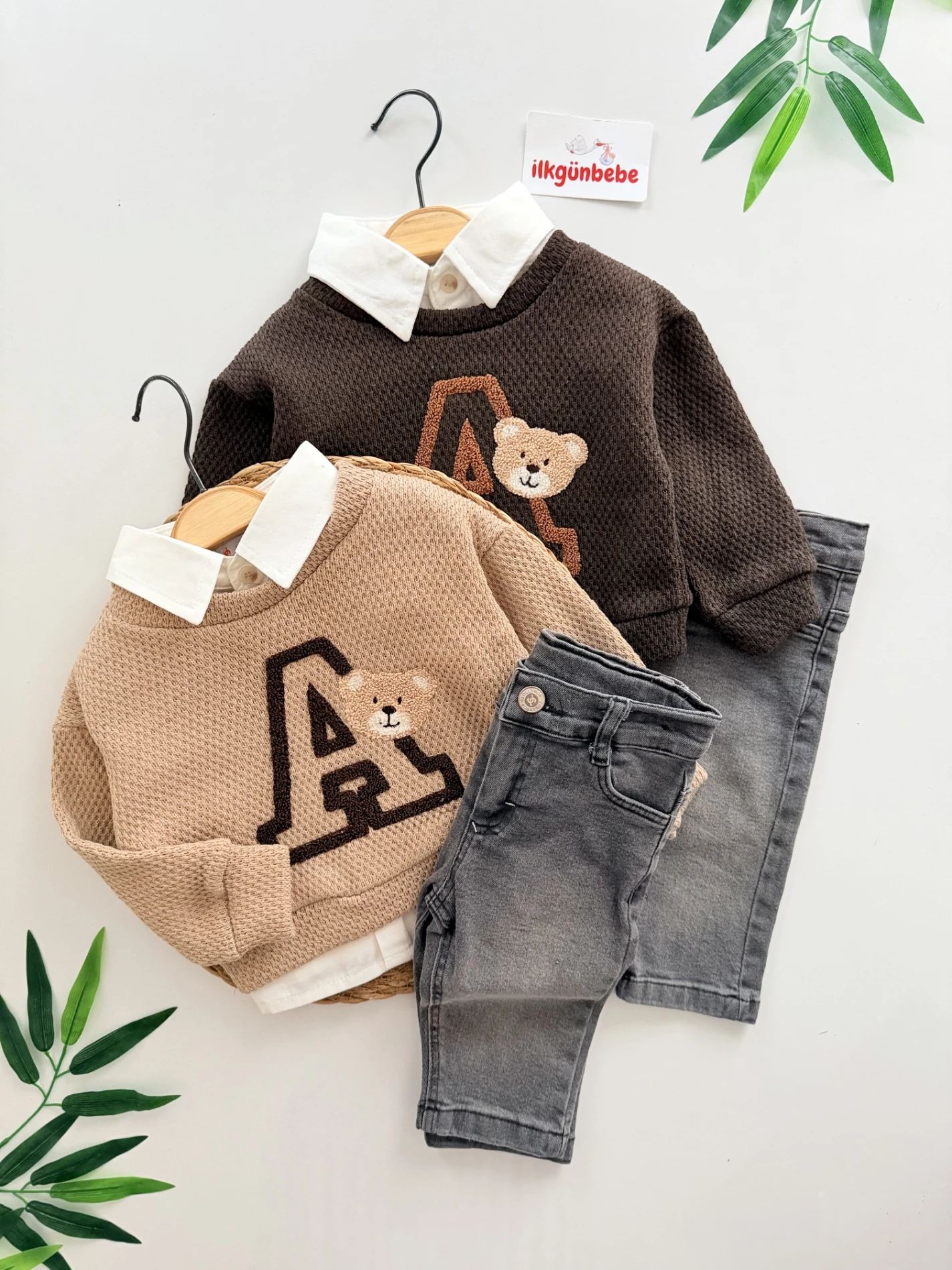 Gömlekli Ayıcık Nakışlı   - Jean Pantolonlu 3’lü Kombin