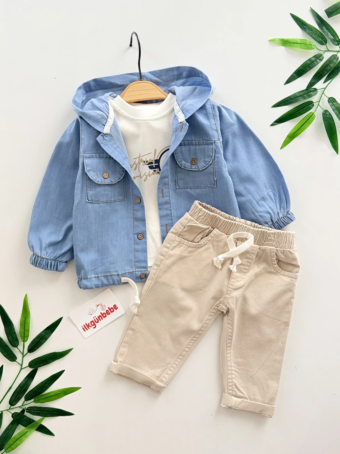 Kot Gömlekli Kapüşonlu Bodyli Pantalonlu 3’lü Takım