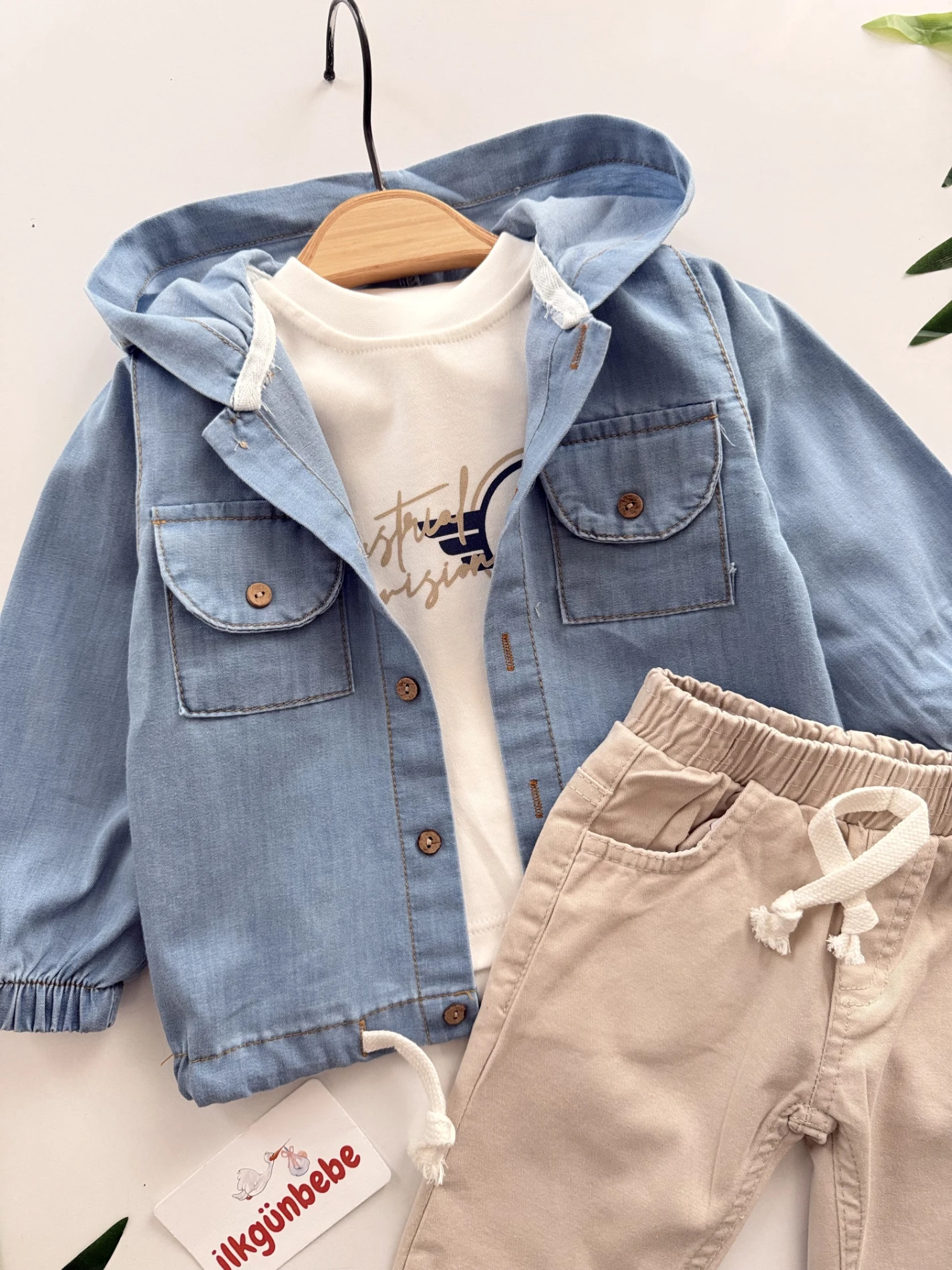 Kot Gömlekli Kapüşonlu Bodyli Pantalonlu 3’lü Takım