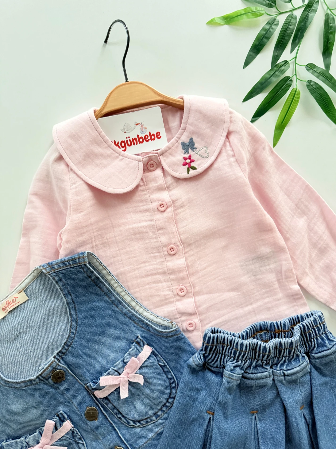 Mini Yelekli Müslin Gömlekli Etekli 3’lü Kot Takım