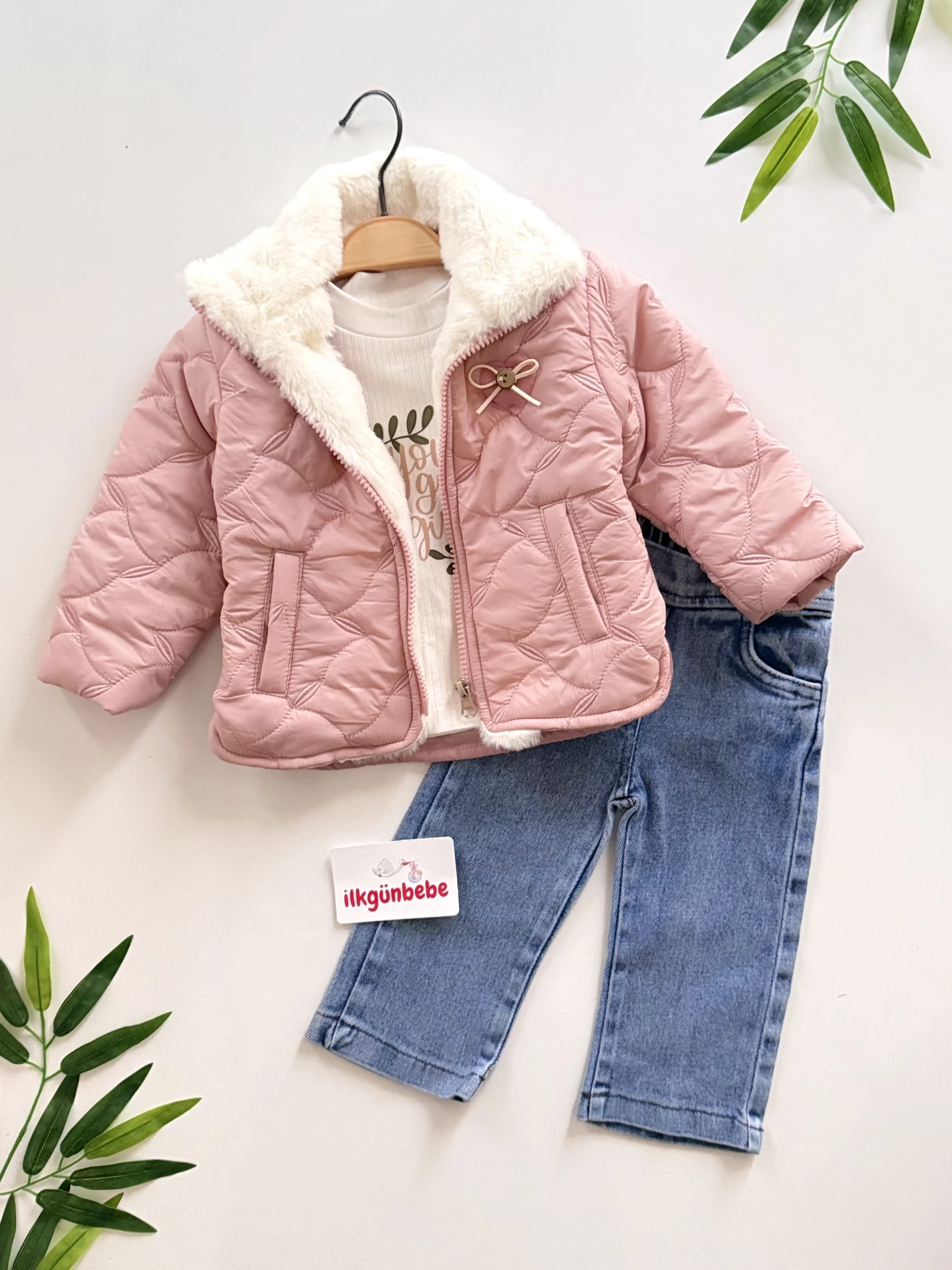 Peluş Montlu Kot Pantalonlu Bodyli 3’lü Takım