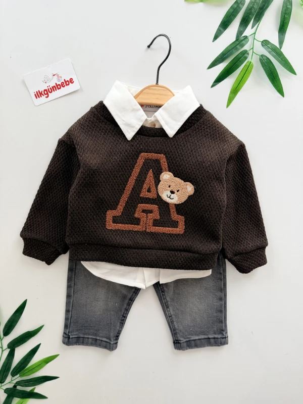 Gömlekli Ayıcık Nakışlı   - Jean Pantolonlu 3’lü Kombin