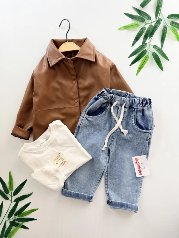 Premium Suni Deri Ceket Kot Pantolon  Body 3’lü Set