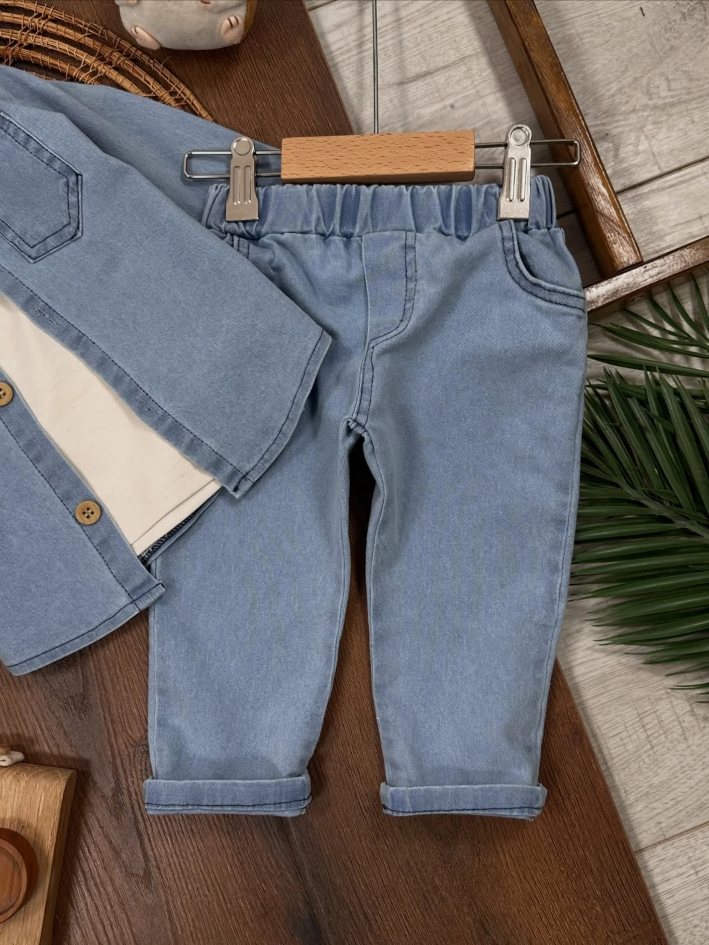 Likralı Esnek Kot Kumaş Gömlekli Tişörtlü Kot Pantalonlu Cool Takım