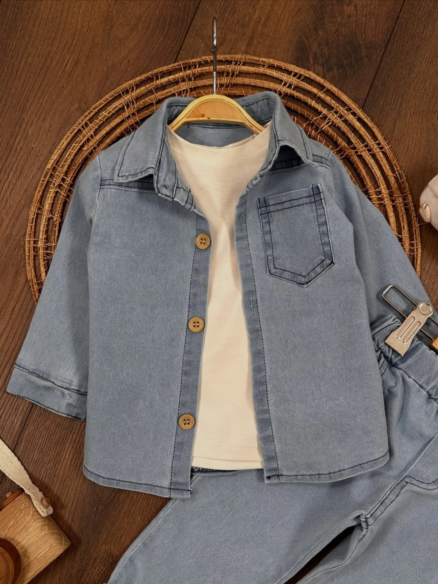 Likralı Esnek Kot Kumaş Gömlekli Tişörtlü Kot Pantalonlu Cool Takım