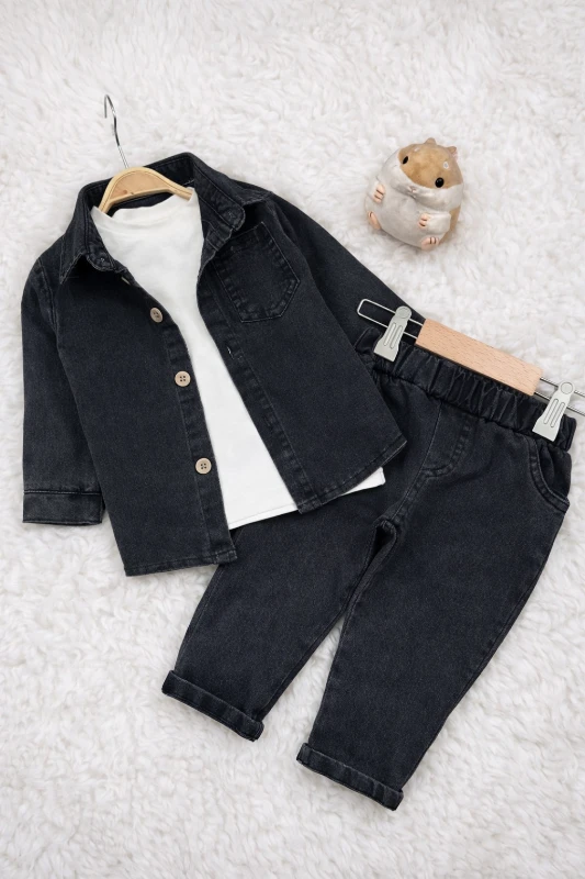 Likralı Esnek Kot Kumaş Gömlekli Tişörtlü Kot Pantalonlu Cool Takım