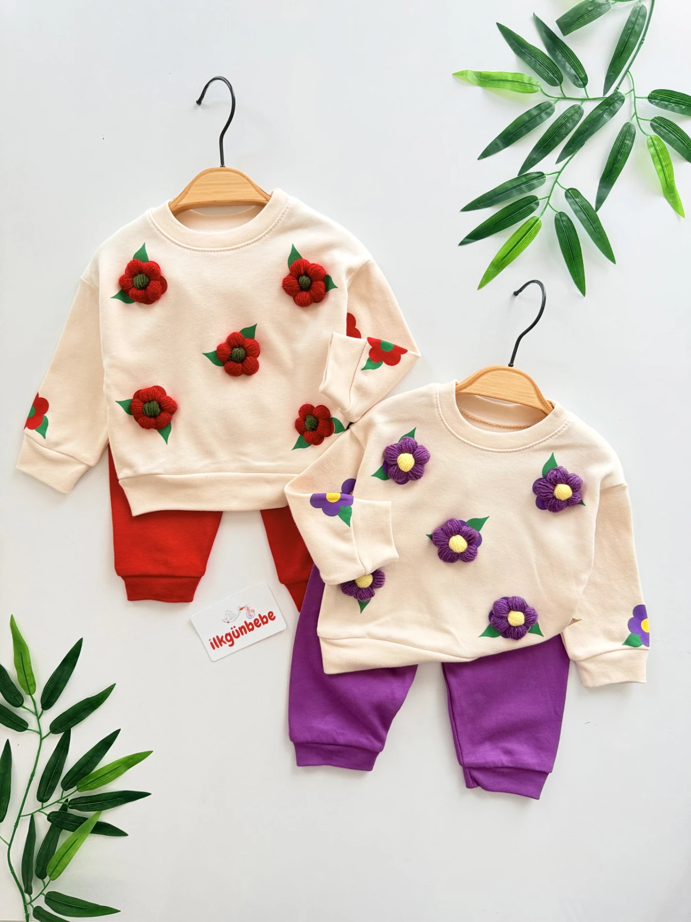 Çiçek Kabartma Nakışlı %100 Pamuk 2’li Takım