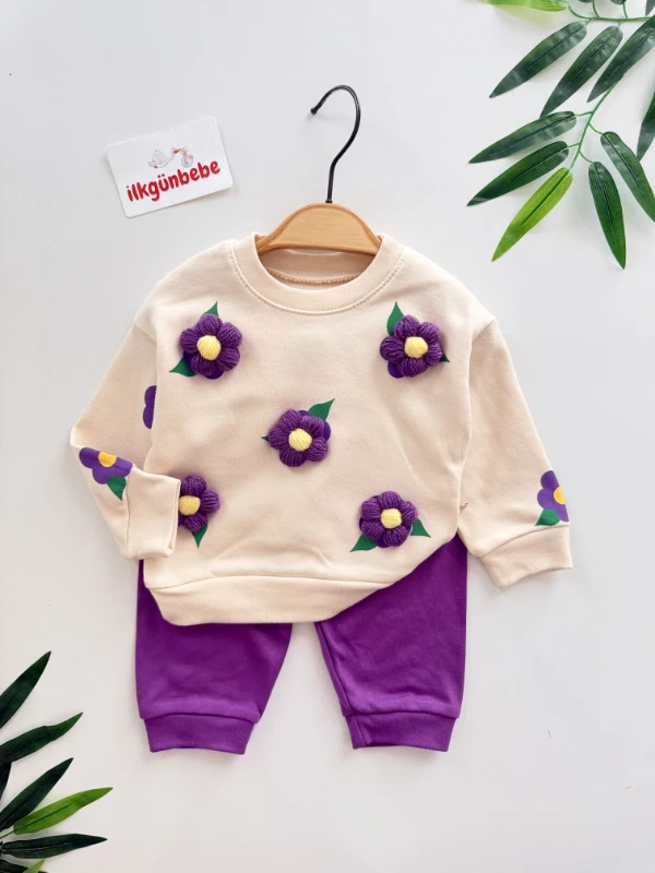 Çiçek Kabartma Nakışlı %100 Pamuk 2’li Takım